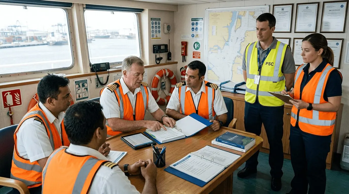 Ship crew members in safety vests conducting briefing meeting in vessel bridge with navigation charts and maritime safety equipment visible
