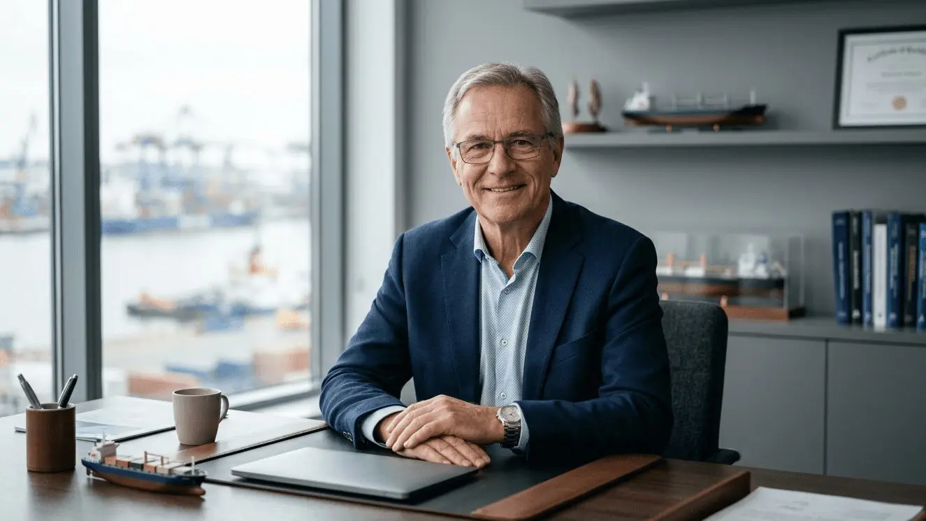 Experienced maritime professional in business casual attire seated at modern desk with shipping port view, representing STCW online training and maritime expertise