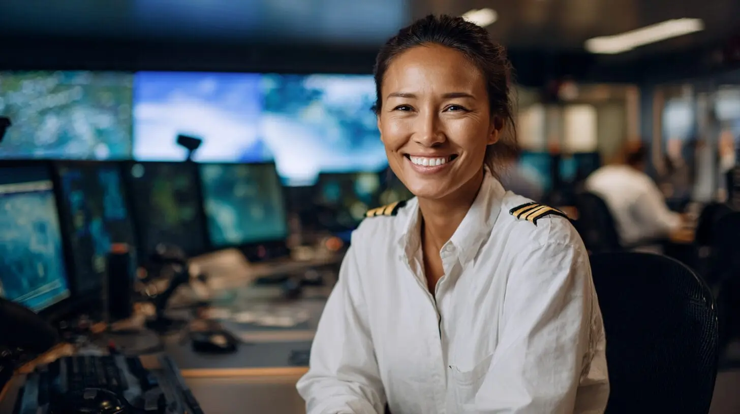 Female maritime officer in white uniform smiling at camera while monitoring cyber security systems on multiple displays in control room