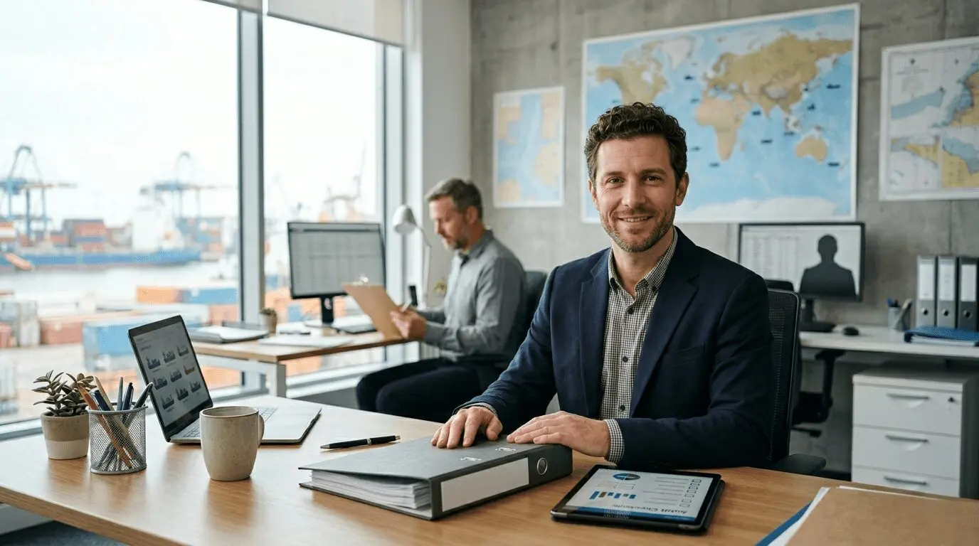 Professional man in navy blazer at desk in maritime logistics office with world map, shipping containers visible through window, exemplifying online maritime training for STCW certification