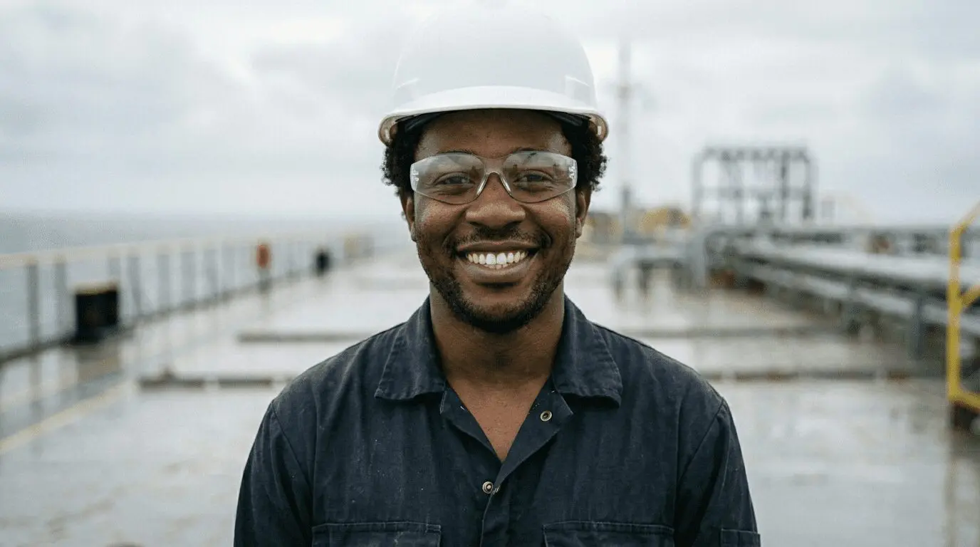 Construction worker wearing safety helmet and glasses smiling on wet industrial worksite with equipment and facilities in background