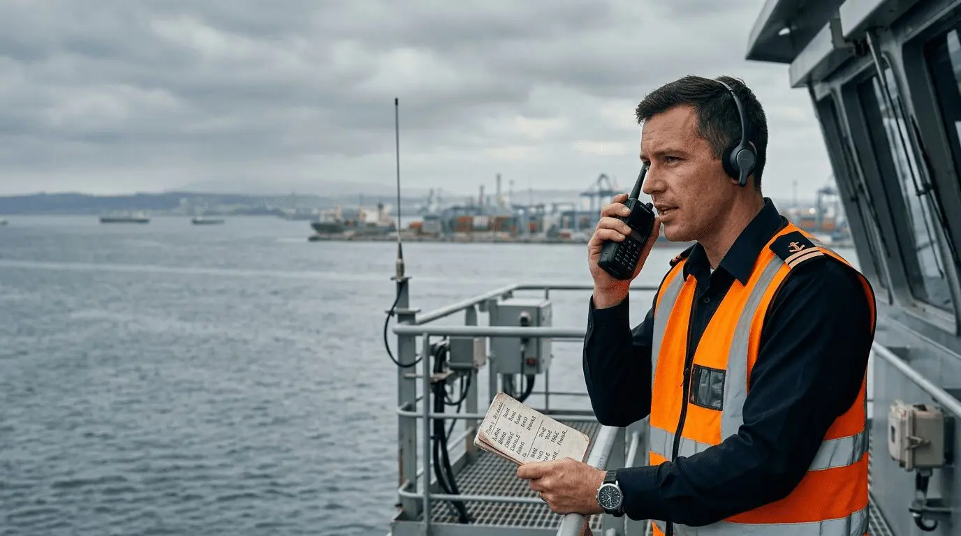 Port authority officer in orange safety vest using radio headset and checklist aboard vessel with industrial harbor in background