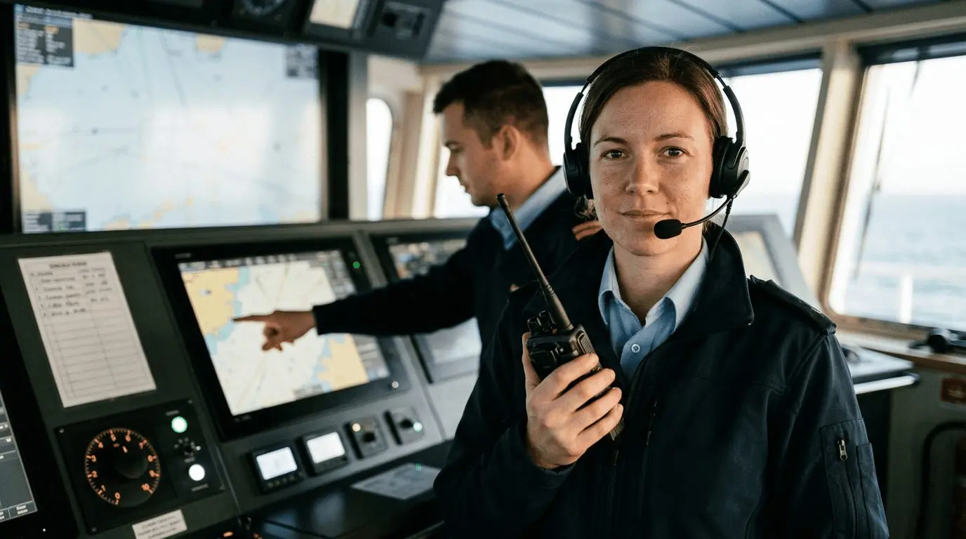Female maritime officer in headset holding radio on ship bridge with male colleague monitoring navigation charts and instruments at sea