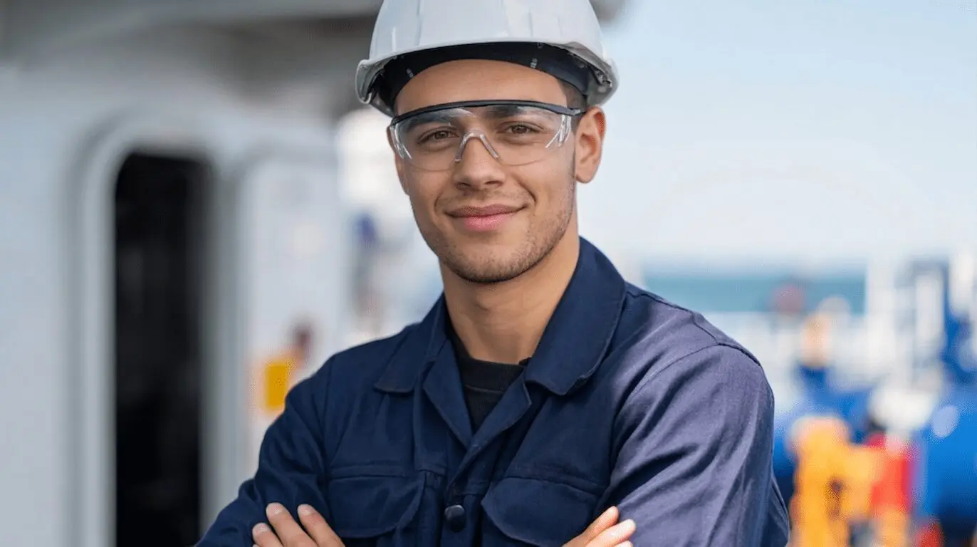 Young male construction worker wearing white hard hat, safety glasses, and blue work uniform smiling at camera on job site