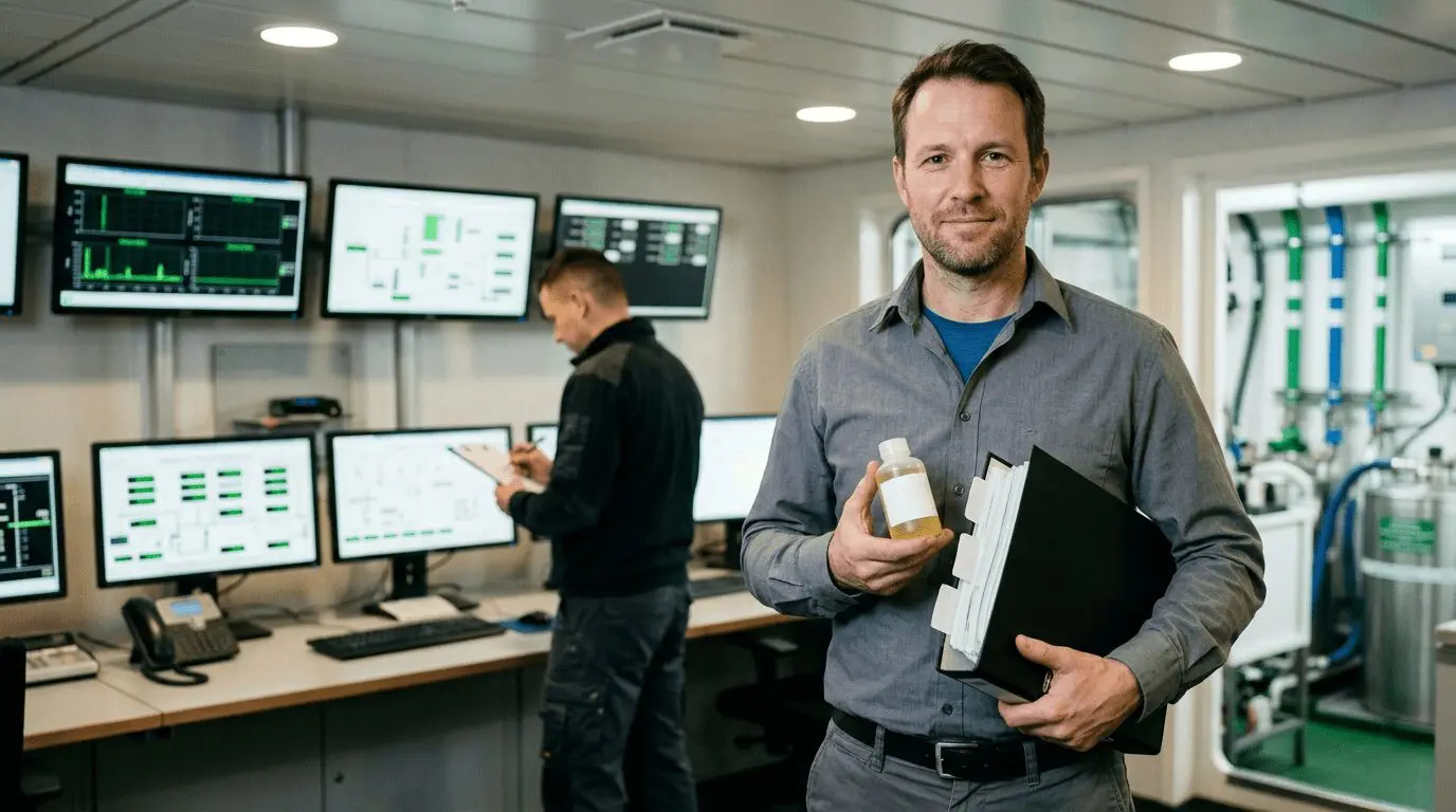 Industrial control room technician holding sample bottle and clipboard with monitoring displays and equipment visible behind, representing maritime training and operational management