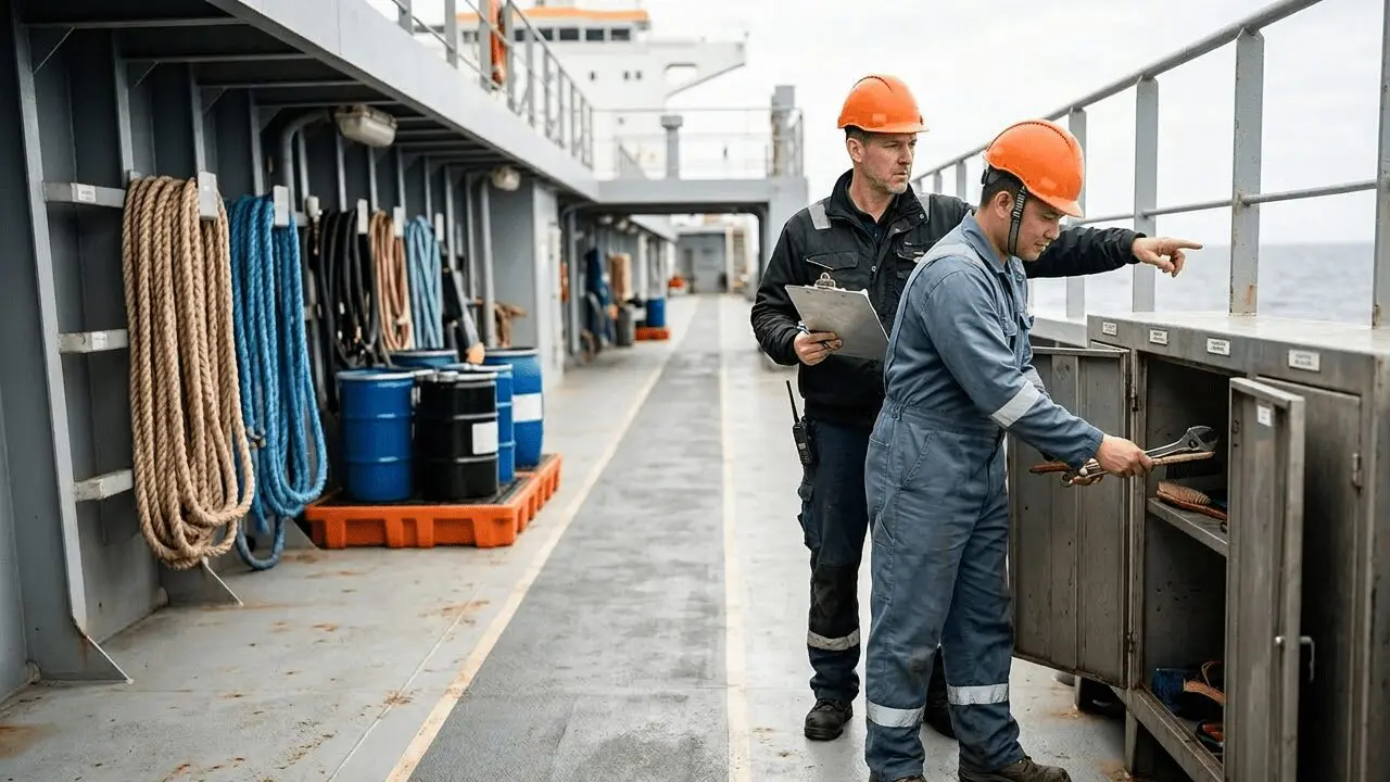 Two workers in orange hard hats on a ship deck reviewing safety procedures and equipment during maritime training inspection