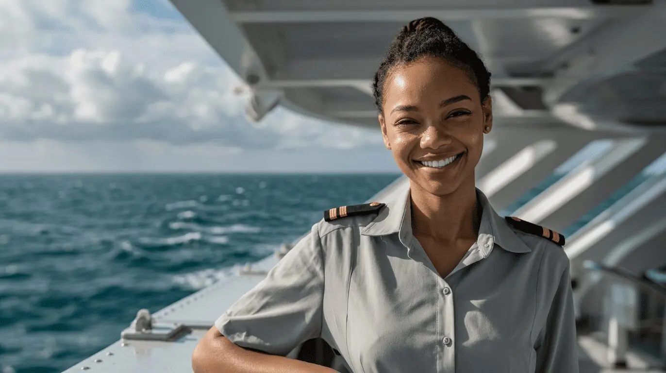 Professional female maritime officer in uniform with captain's insignia standing on cruise ship deck overlooking ocean