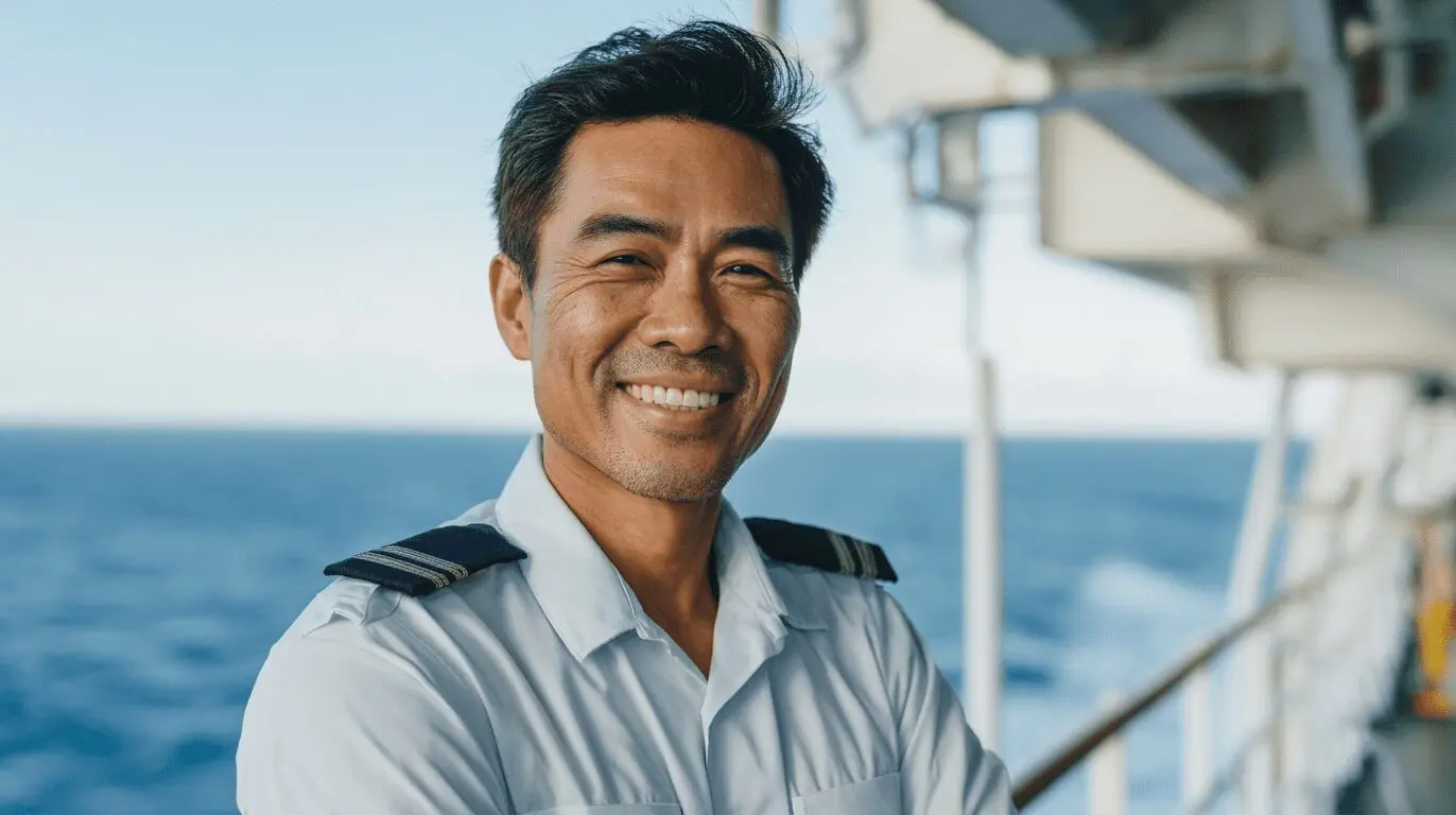 Professional ship captain in white uniform with shoulder insignia smiling on vessel deck overlooking blue ocean water