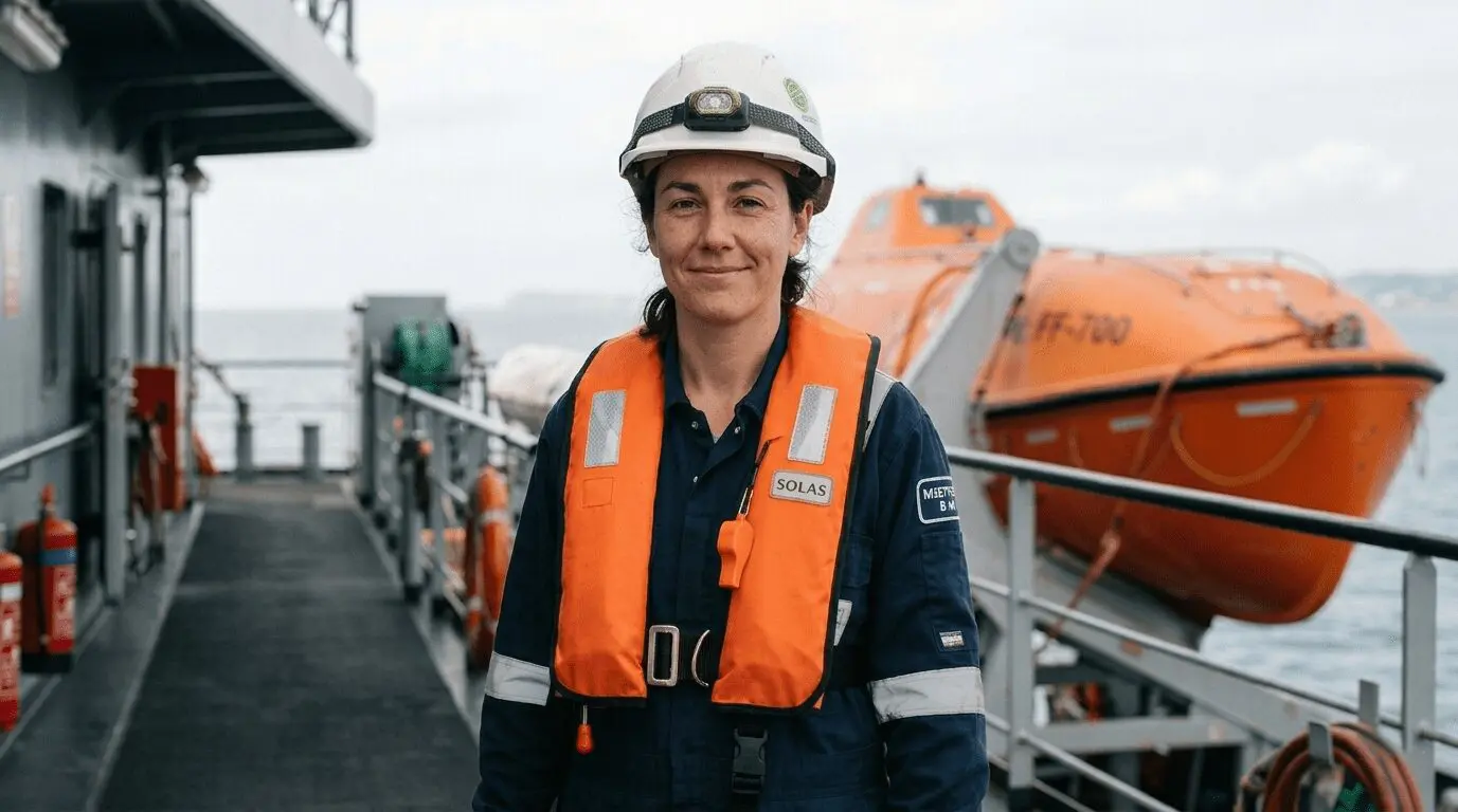Female maritime officer in safety gear at lifeboat station with orange rescue equipment and headlamp