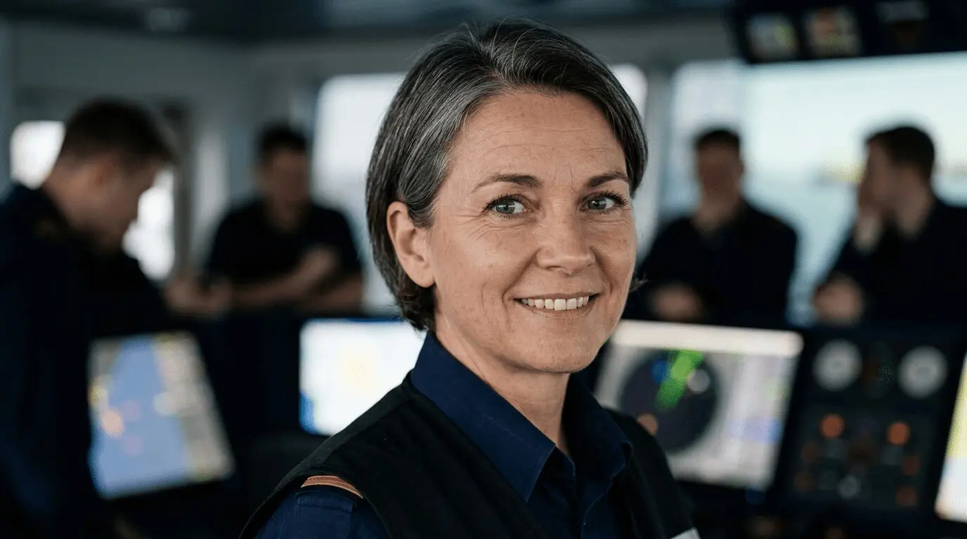 Smiling maritime training officer in dark uniform with insignia in modern training facility with crew members and monitors in background
