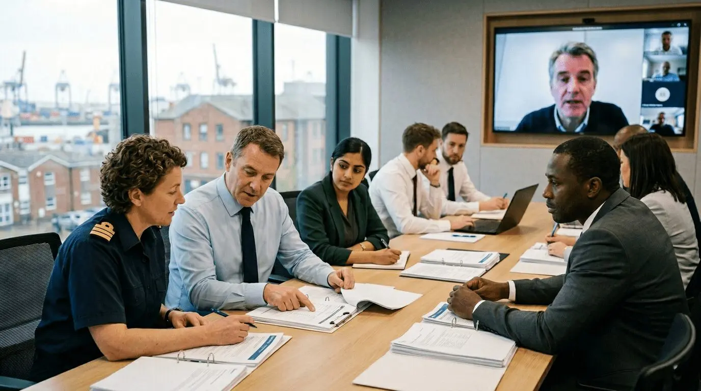 Diverse professionals in conference room participating in hybrid meeting with remote participant on screen, reviewing documents at table