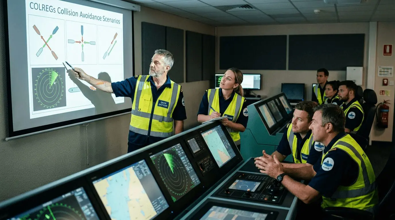 Maritime professionals in safety vests attending COLREGS collision avoidance training with radar displays and instructional presentation on maritime navigation scenarios