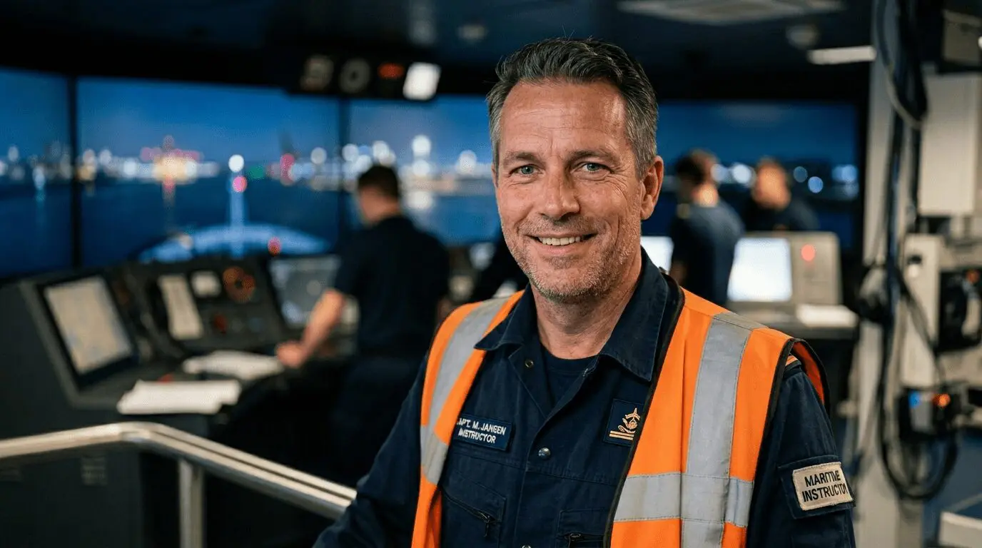 Maritime instructor wearing orange safety vest and navy uniform in modern ship bridge control room with navigation equipment and city skyline backdrop