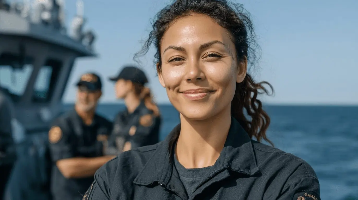 Female maritime officer in uniform smiling on naval vessel deck with crew members and ocean in background