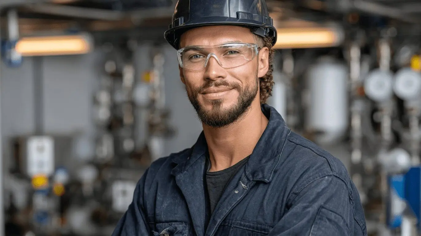 Smiling male industrial worker wearing hard hat, safety glasses, and work uniform in factory setting for online safety training