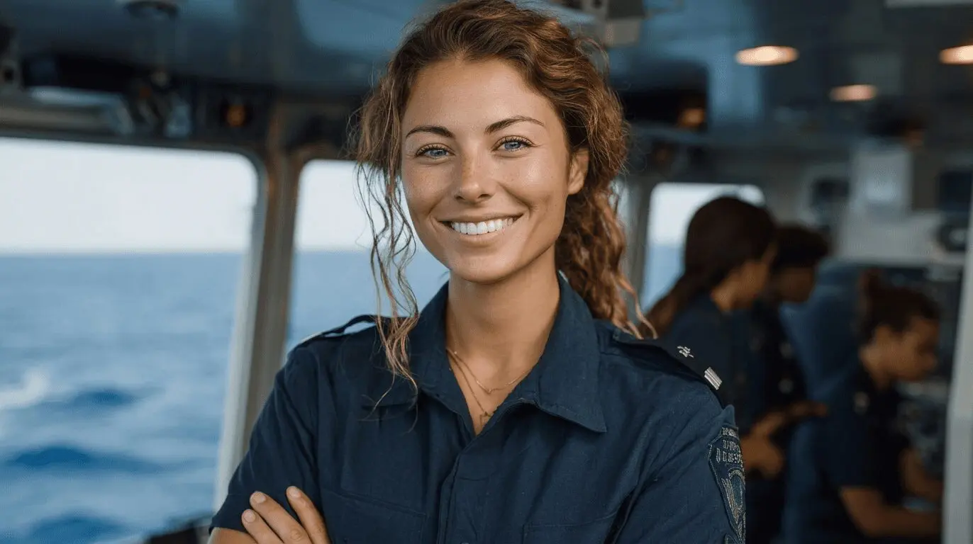 Smiling maritime professional in navy uniform standing on ship bridge with ocean view, representing STCW maritime training and certification programs