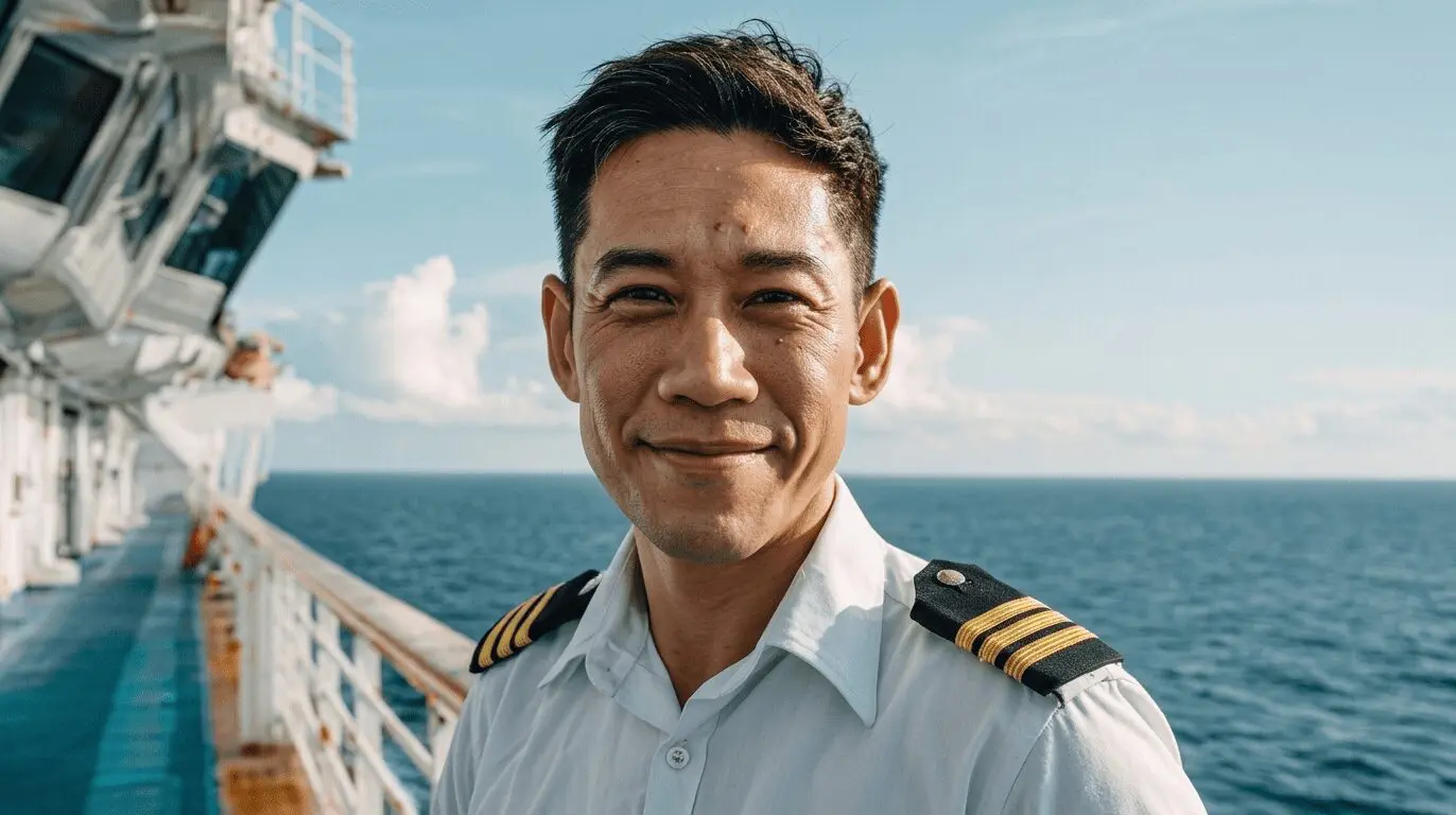 Maritime officer in white uniform with captain insignia standing on cruise ship deck overlooking ocean horizon