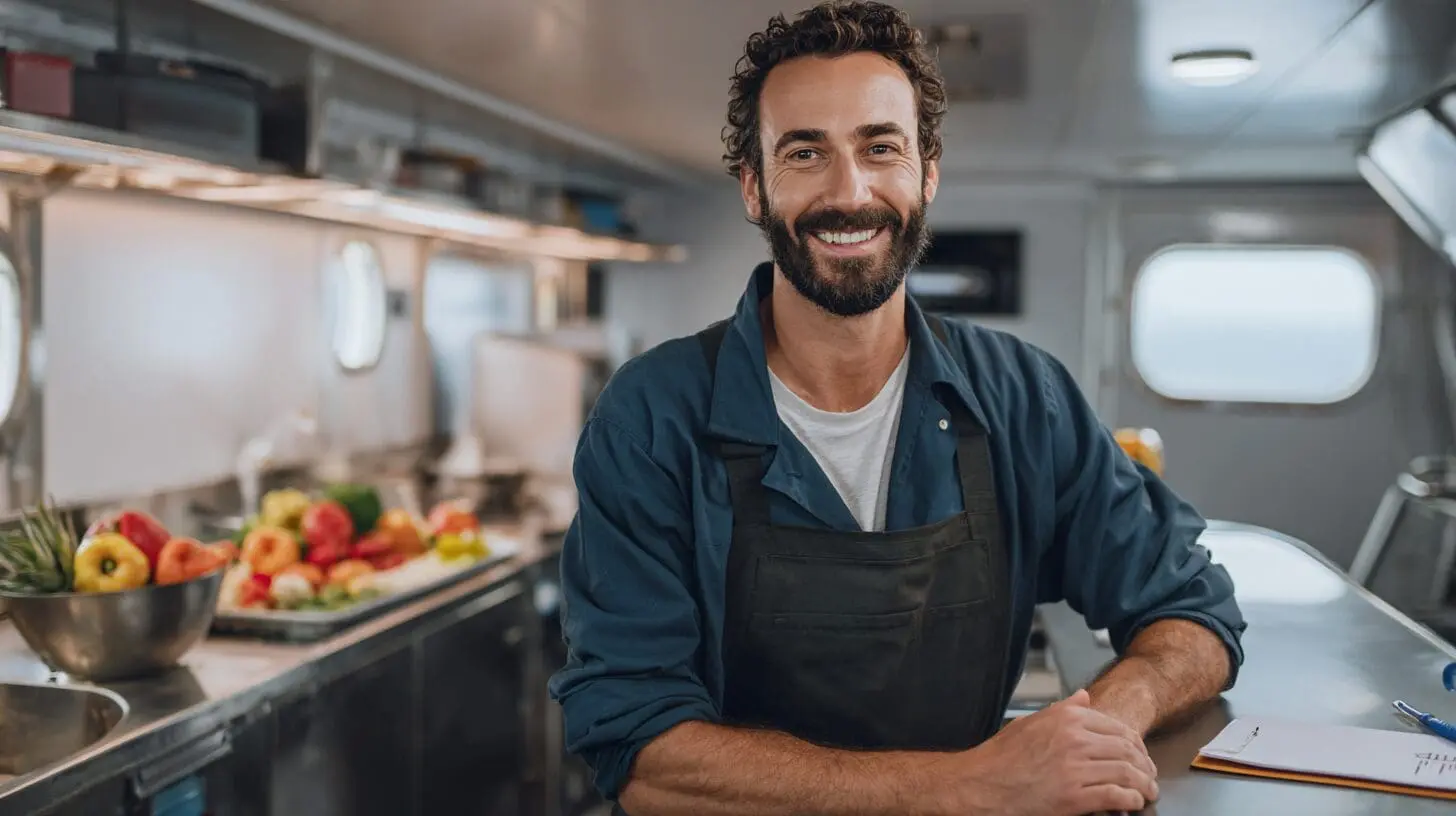 Smiling chef wearing apron in professional kitchen with fresh produce, representing online maritime training and professional development for STCW certification