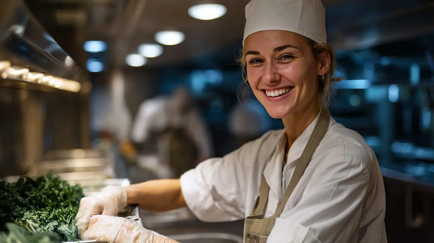 Smiling female ship cook in white chef's uniform and hat preparing fresh vegetables in professional galley kitchen