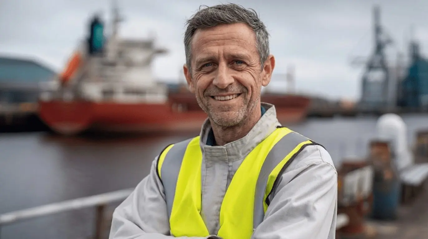 Male maritime worker wearing yellow safety vest at industrial port with cargo ships and vessels in background