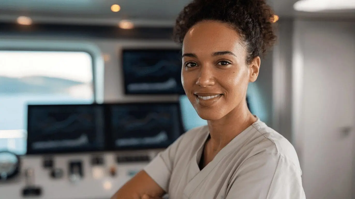 Female maritime officer smiling in modern ship bridge control room with navigation displays and ocean view through window