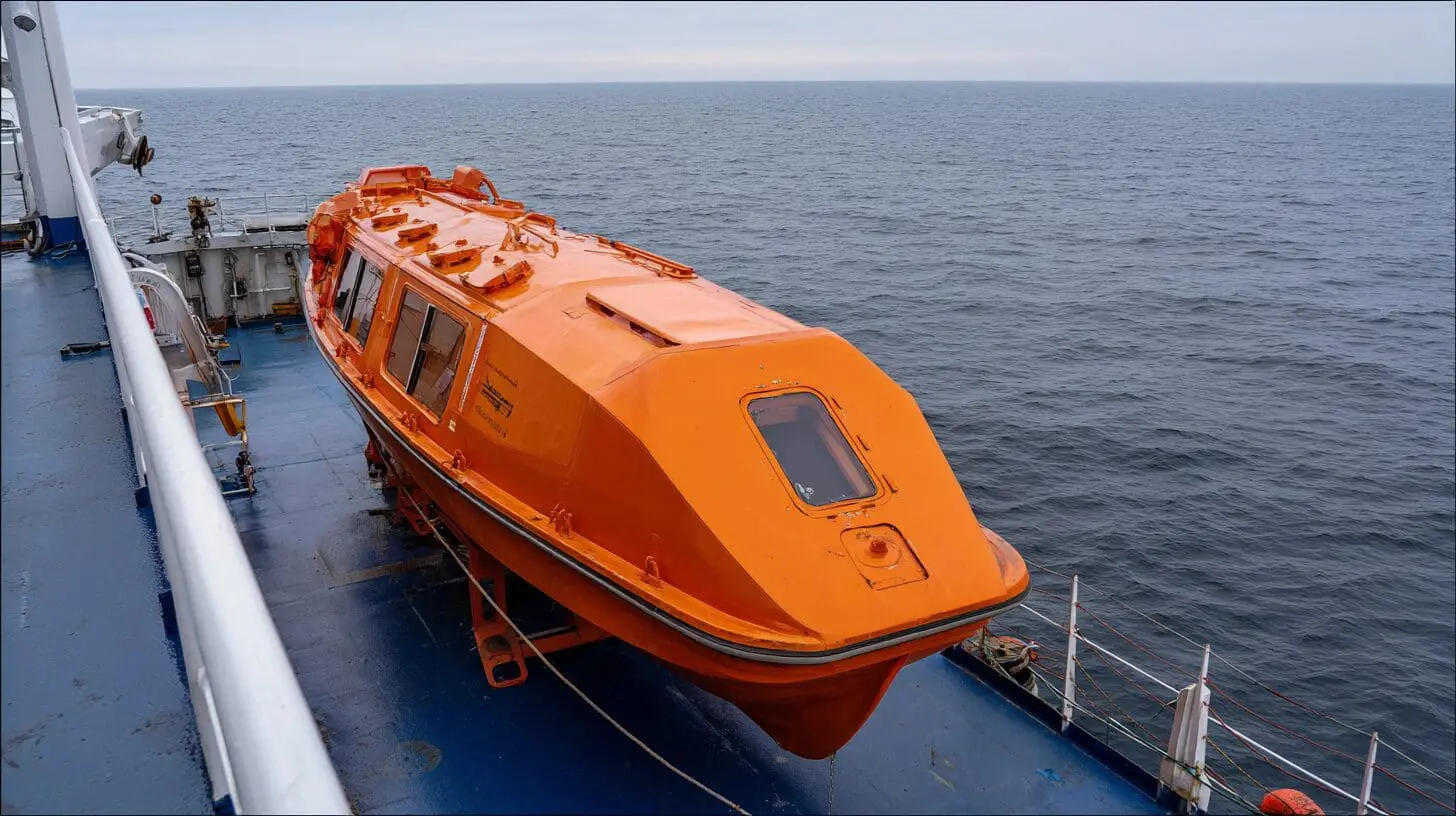 Orange enclosed lifeboat davit-launched from cargo vessel deck with calm ocean background, maritime safety equipment