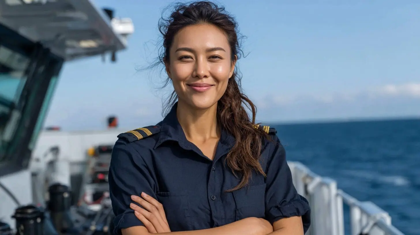 Asian female captain in navy uniform with gold shoulder boards standing on ship deck overlooking ocean, representing maritime training and seafaring careers
