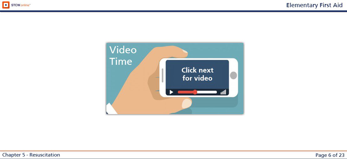 Hand holding smartphone displaying video player with play button and progress bar for STCW Elementary First Aid online course training content