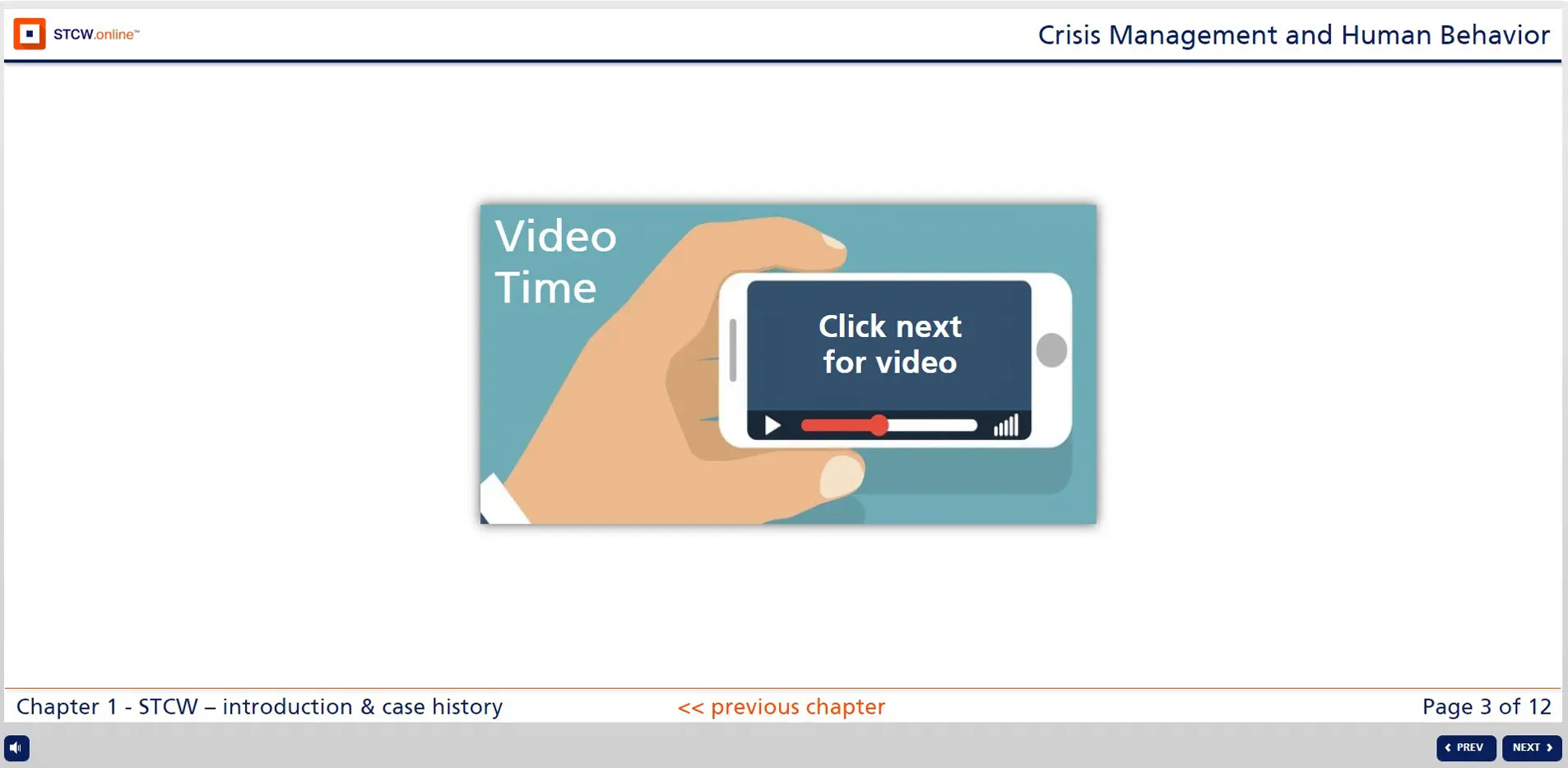 Hand holding smartphone displaying video player with play button and progress bar for STCW online crisis management training module