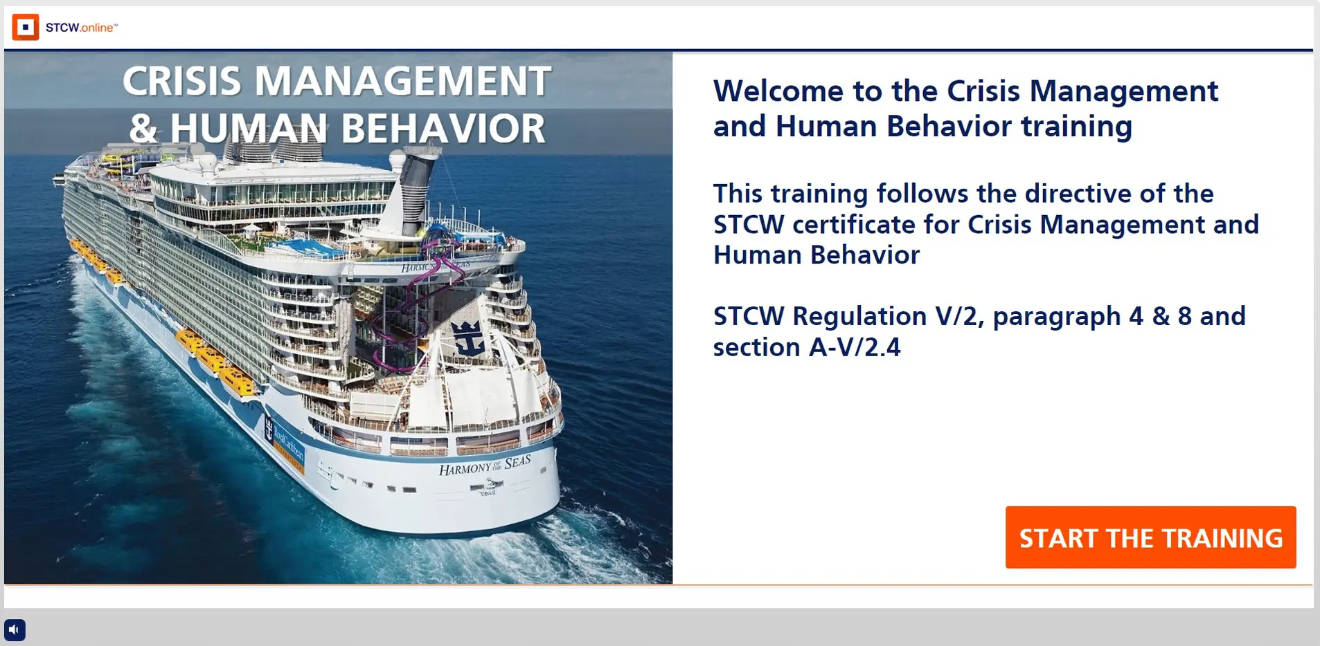 Harmony of the Seas cruise ship with STCW Crisis Management and Human Behavior online training course welcome screen for maritime professionals