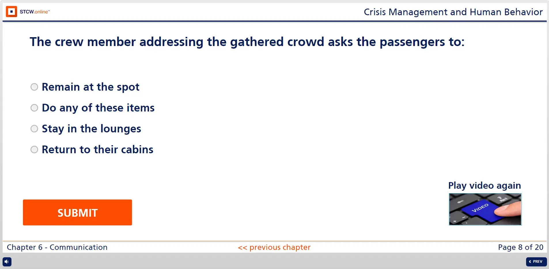 STCW online crisis management training question about crew member instructions to passengers during emergency procedures