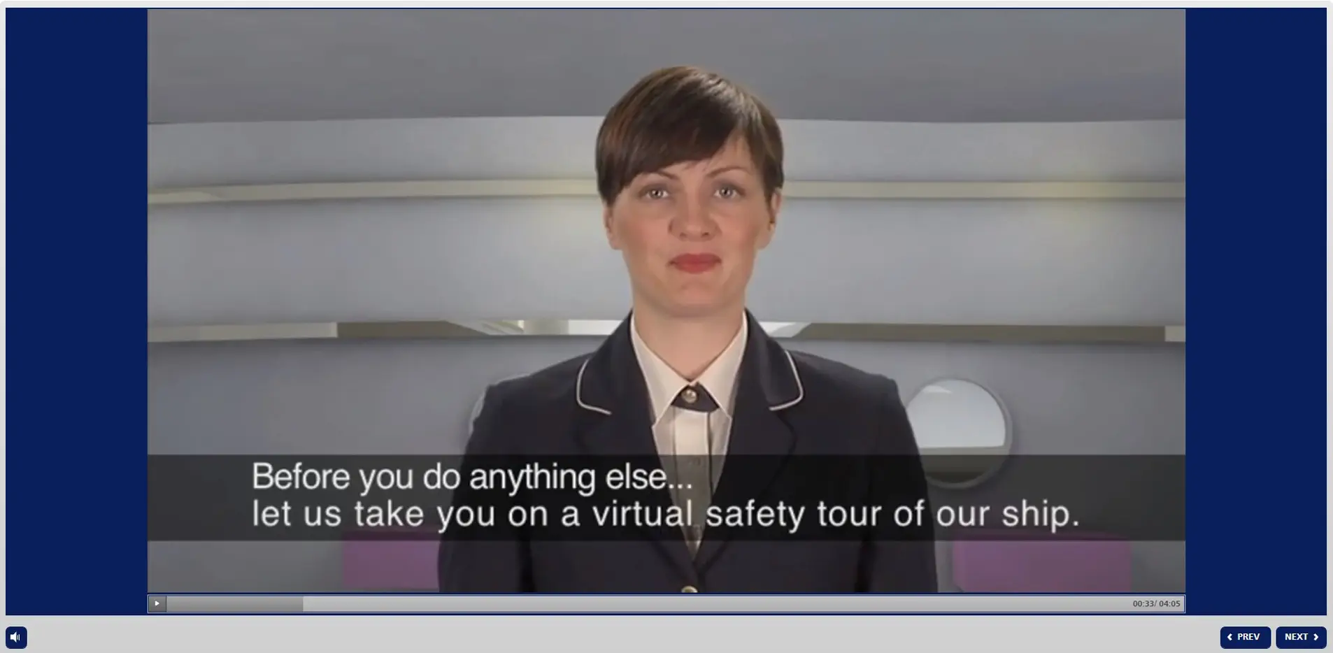 Crew member in formal uniform introducing virtual safety tour for STCW crowd management training on ship orientation and emergency procedures