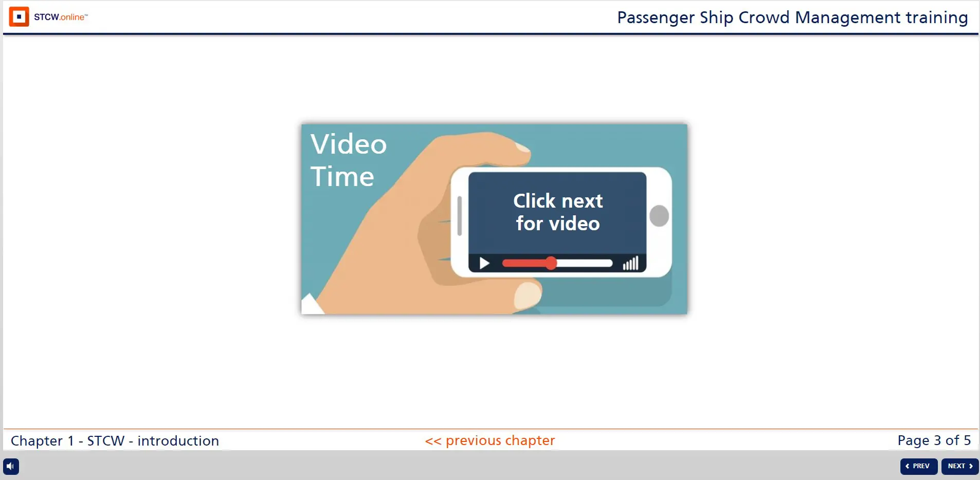 Hand holding smartphone displaying video player with play button and progress bar, prompting user to click next for video content in STCW crowd management training