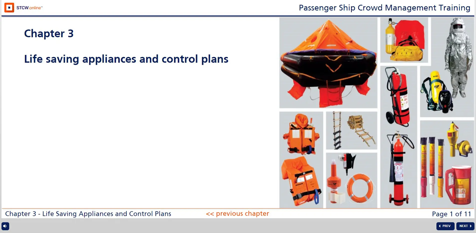 Chapter 3 life saving appliances including life raft, life jackets, fire extinguishers, lifeboat equipment, and emergency signals for passenger ship crowd management training