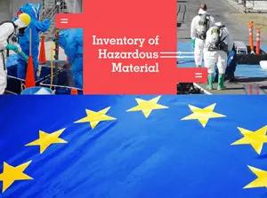 Hazardous material handlers in protective equipment demonstrating IHM awareness procedures with EU flag backdrop for maritime safety training.