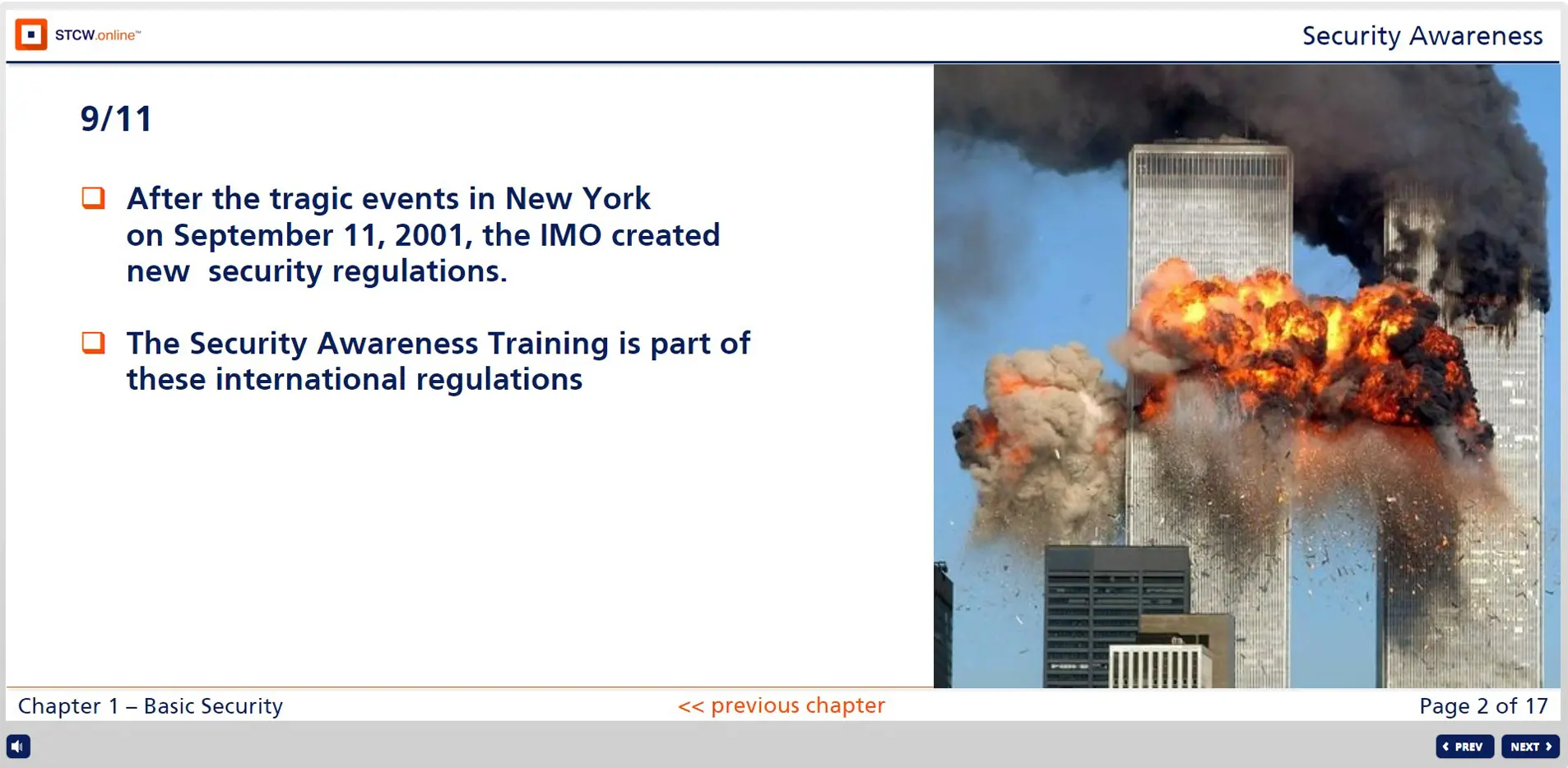9/11 Twin Towers attack image with text explaining IMO security regulations and STCW Security Awareness training requirements for seafarers