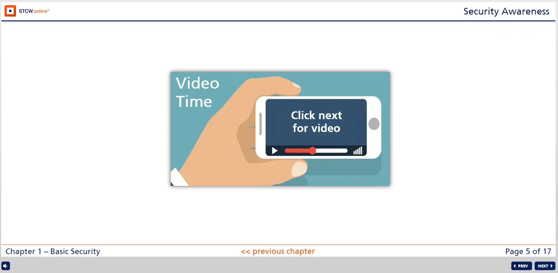 Hand holding smartphone displaying video player with play button and progress bar, prompting to click next for STCW Security Awareness training video