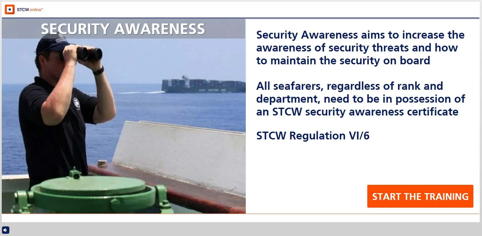 Security officer observing vessel at sea with binoculars, representing STCW Security Awareness training for maritime seafarers