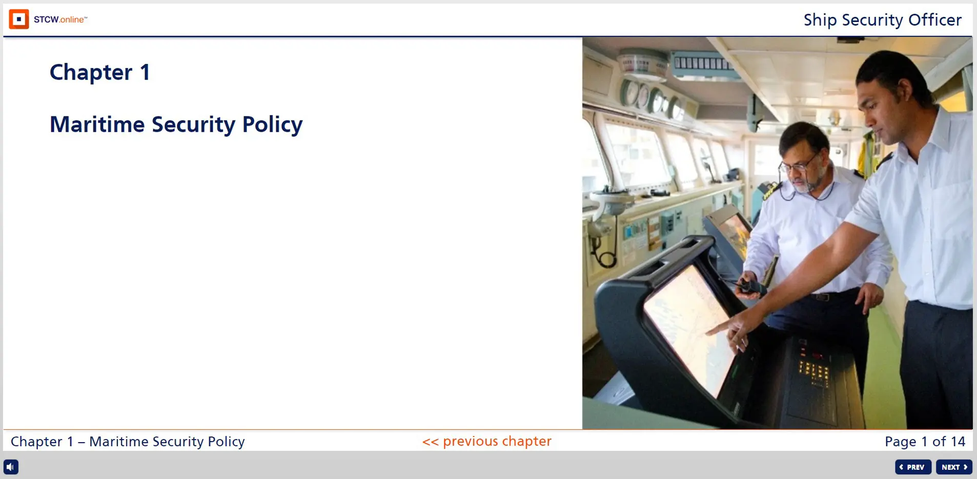 Two maritime security officers in white uniforms reviewing navigation systems on ship bridge during SSO training