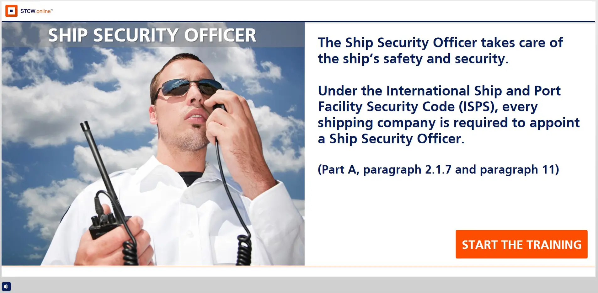 Ship Security Officer in white uniform holding radio equipment with cloud sky background, STCW online training