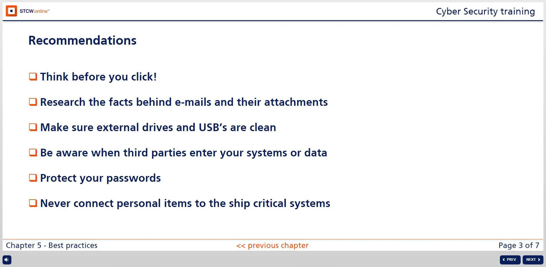 Six cybersecurity recommendations including thinking before clicking, researching emails, protecting passwords, and securing critical systems from STCW online training