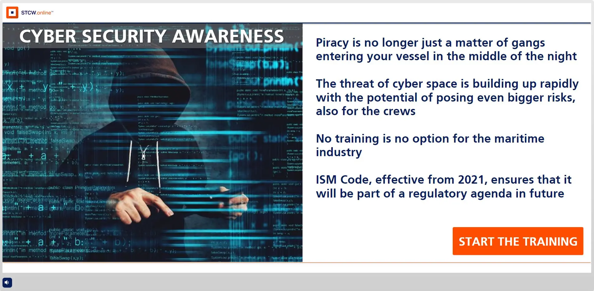 Cyber security awareness banner for maritime industry featuring hacker silhouette with code background, promoting ISM Code compliance training for vessel crews