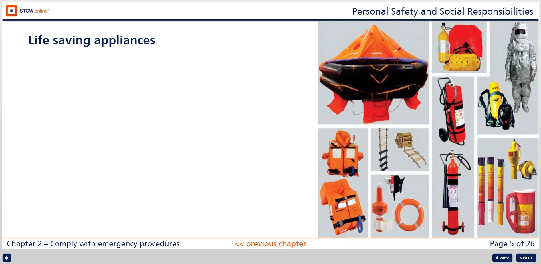 Collection of maritime life-saving appliances including life raft, life jackets, fire extinguishers, lifebuoy, and emergency equipment for STCW safety training
