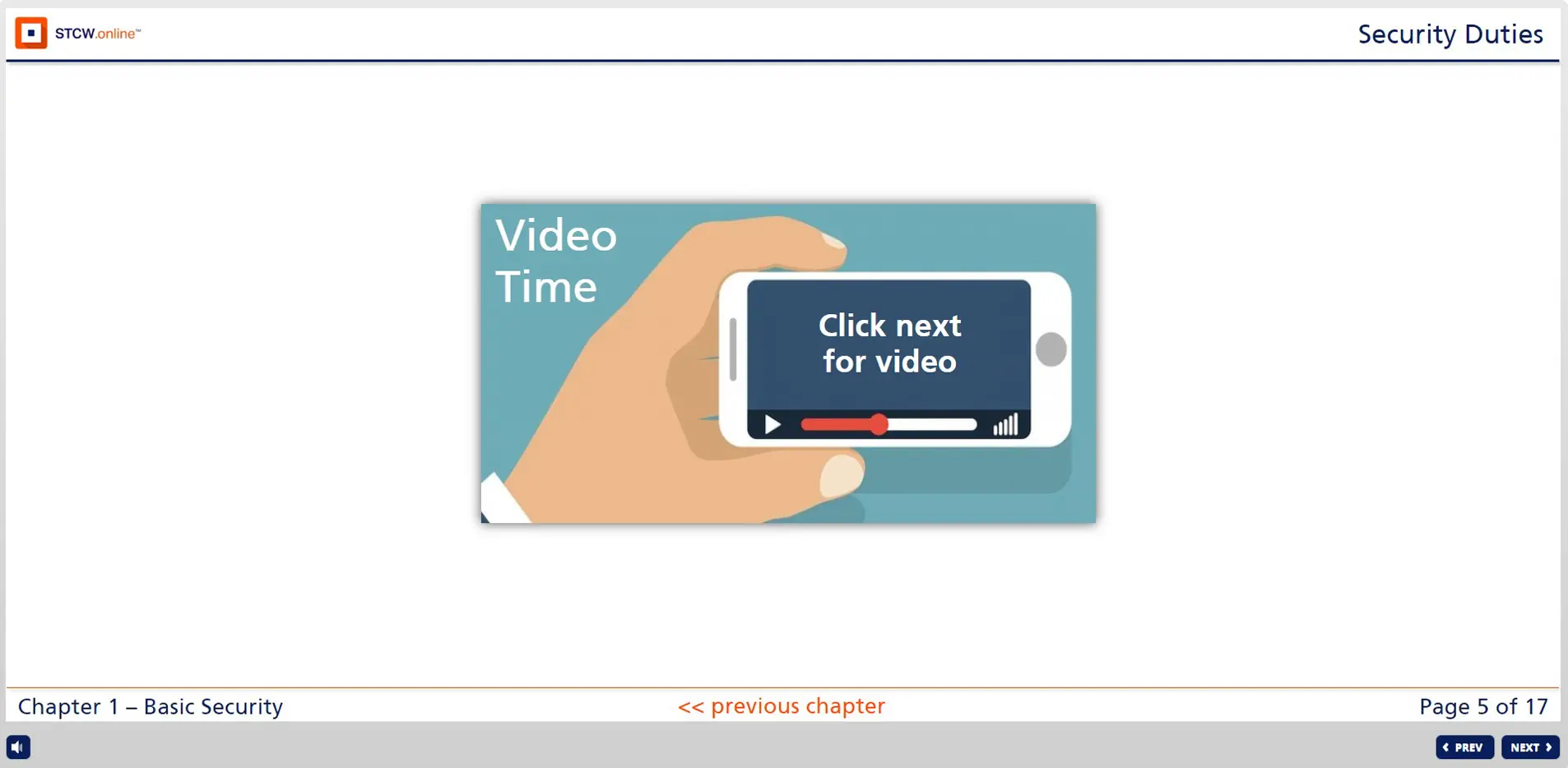 Hand holding smartphone displaying video player with play button and progress bar, promoting STCW online security duties training course