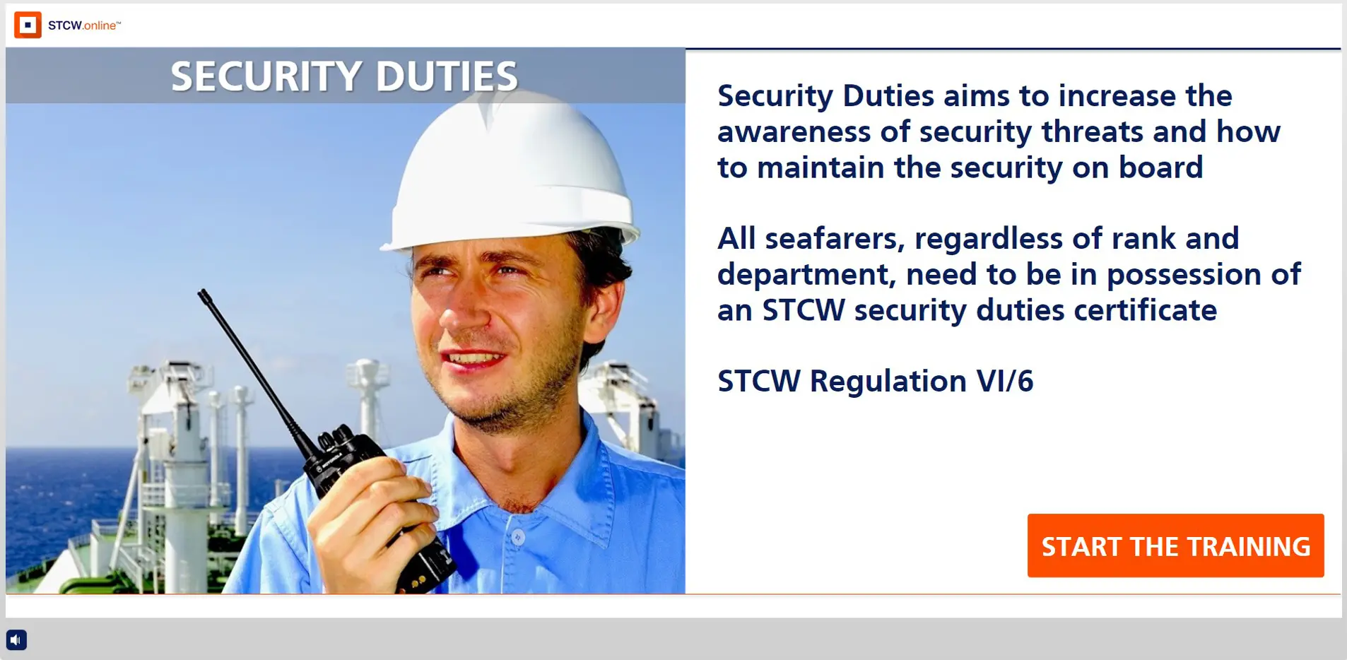 Maritime security officer on ship holding radio with hard hat, promoting STCW Security Duties certification training for seafarers