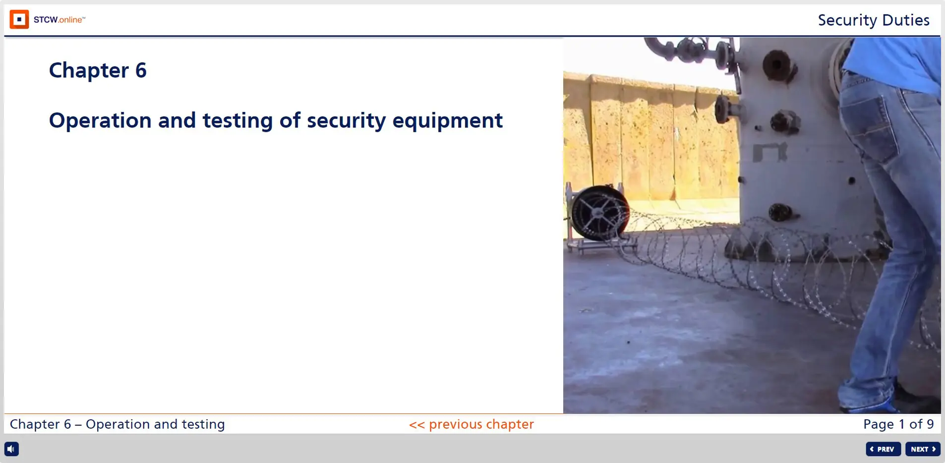Security officer testing perimeter security equipment including barbed wire barriers and surveillance systems at port facility