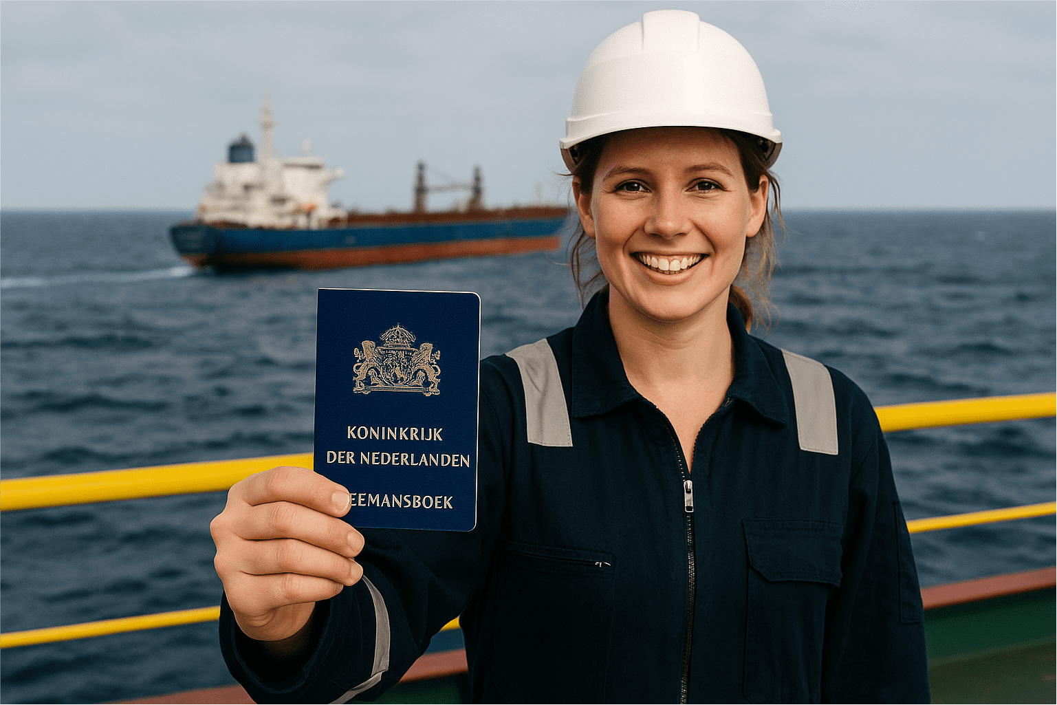 Maritime worker holding Dutch seaman book (Koninkrijk der Nederlanden Zeemanboek) aboard cargo vessel at sea